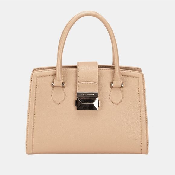 David Jones PU Leather Handbag Elegant Tan Shiny Buckle Medium Square Purse - Picture 1 of 7